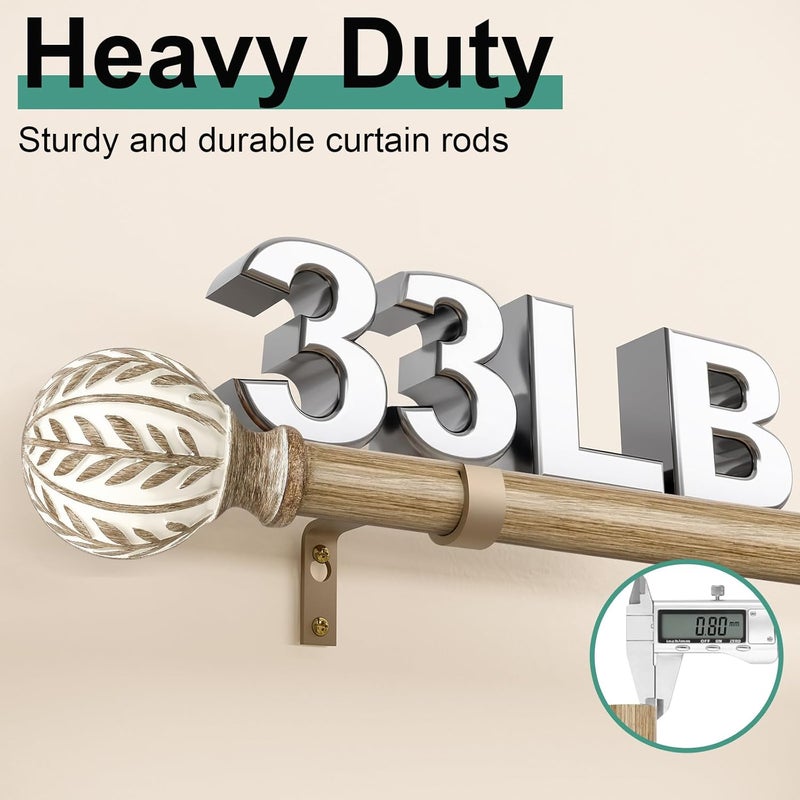 QDWIS Boho Wood Curtain Rods for Windows 72 to 144 inch,1" Adjustable Heavy Duty Window Curtain Rod with Imitation Wood Grain Finials,Rustic Decorative Drapery Rods Set,Size:36-150'',Weathered Wood - Image 4